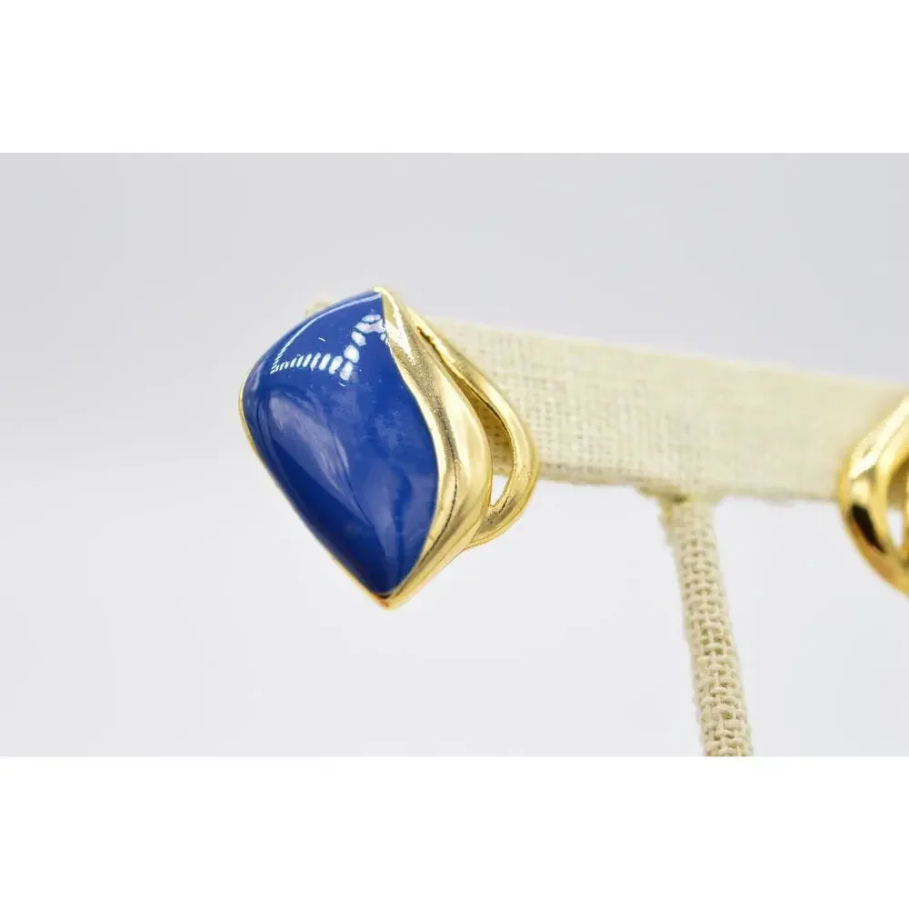 Vintage Pierced Post Earrings Gold True Blue Enamel Abstract NOS 1980s BinAA